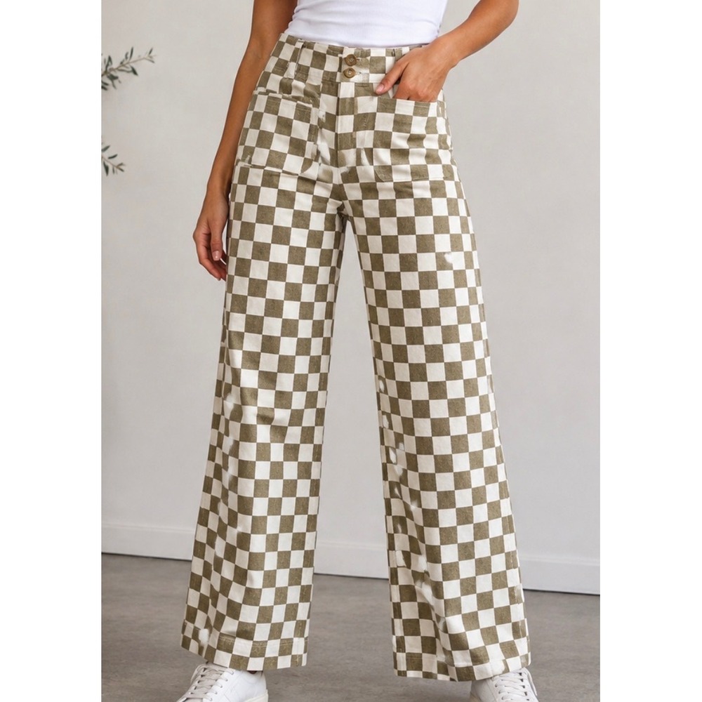 Papermoon Taupe Brown Checkered Wide Leg Pants Womens Size Small